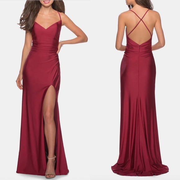 La Femme Criss Cross Back Jersey Gown In Burgundy 28206 Size 2 New